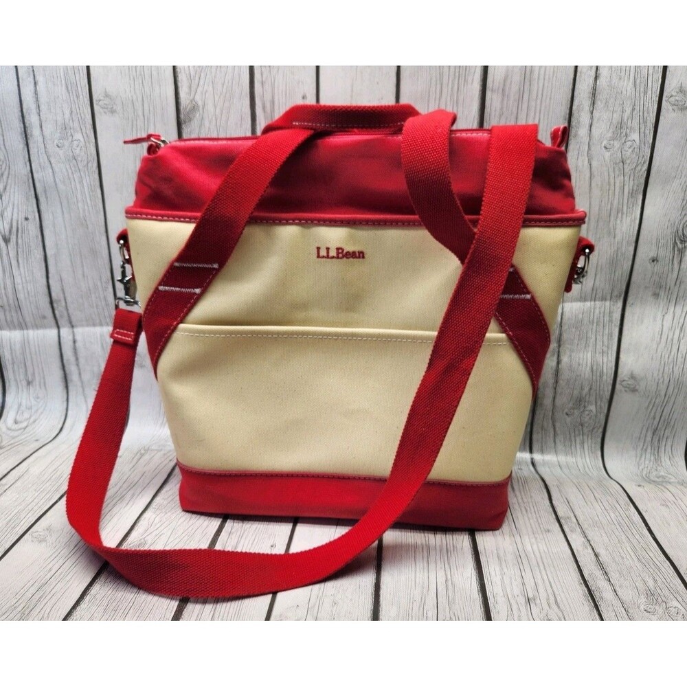 L.L. Bean Nor'Easter Insulated Tote Medium Bag Red Cream Canvas Shoulder Strap